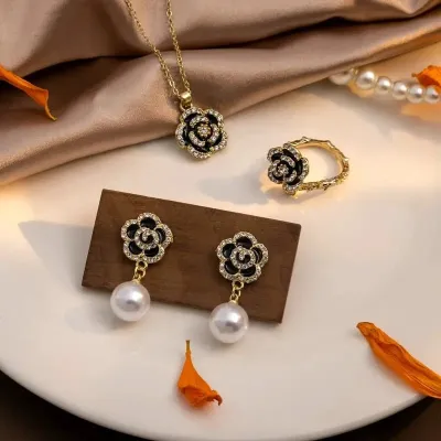 Korean Black Camellia Flower Pearl Drop Earrings Necklace Set (4 pcs)